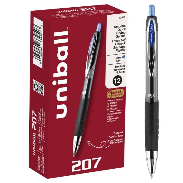 33951 Uni-ball Signo 207 Blue Gel Ink With Smoke/black Barrel Medium Point