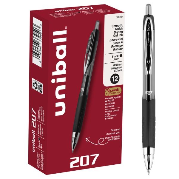 33950 Uni-ball Signo 207 Black Gel Ink With Smoke/black Barrel Medium Point