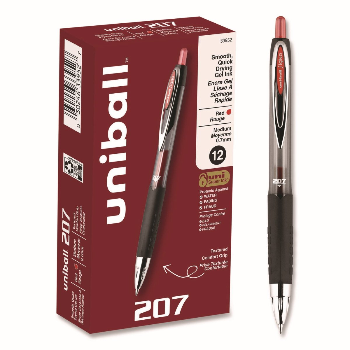 33952 Uni-ball Signo 207 Red Gel Ink With Smoke/black Barrel Medium Point R